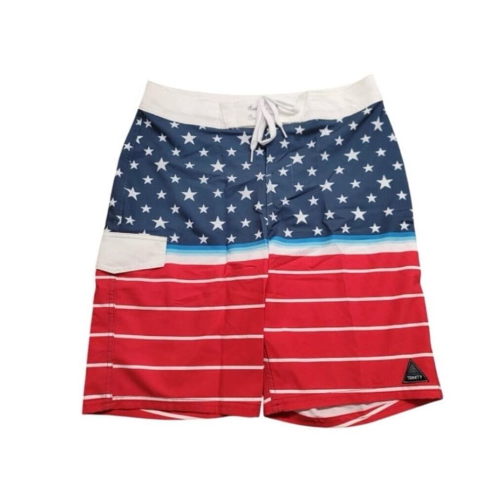 Trinity Board Shorts Swim Patriotic Red White Blue Stare Flag Size 38 Unlined